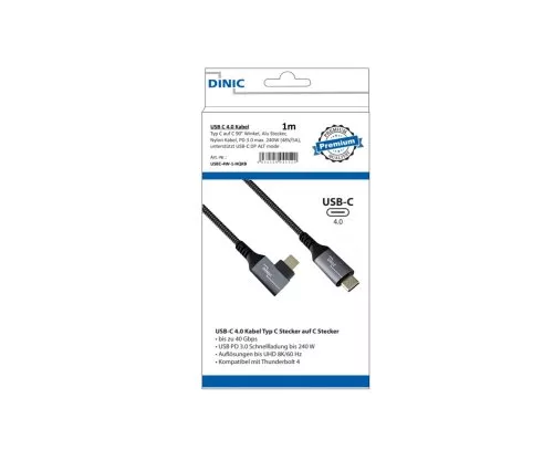 DINIC USB C 4.0 Cable, Straight to 90° Angle, PD 240W, 40Gbps, Aluminum Connector, Nylon Cable, 1m